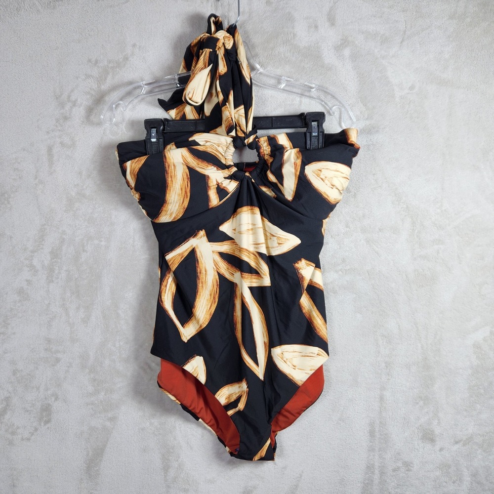 DKNY‎ One Piece Swimsuit Womens Medium Black Leaf Halter Keyhole Vacation Beach